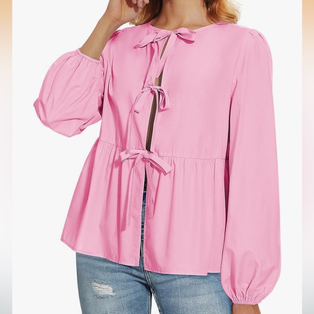 Pink Long Sleeve Tie-Up Peplum Blouse Size M